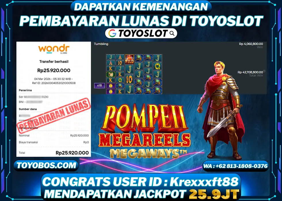 BUKTI KEMENANGAN Pompeii Megareels Megaways Rp25,920,000,- LUNAS